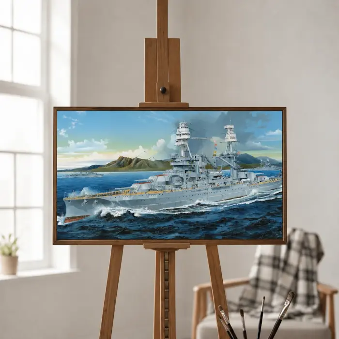 額装された第二次世界大戦の戦艦の絵が壁に掛かっている様子