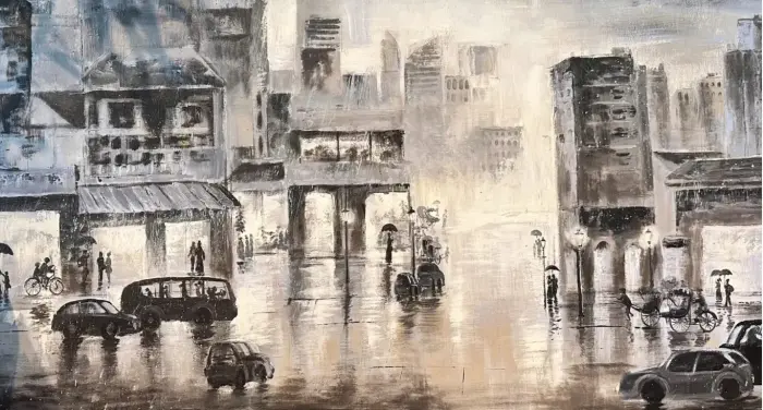 都市の反映：時を超えた油絵