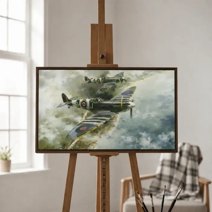 스튜디오의 이젤에 전시된 두 대의 스핏파이어 전투기 그림