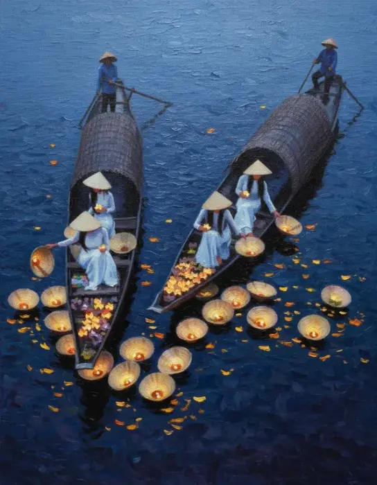 floating lanterns vietnamese river oil painting