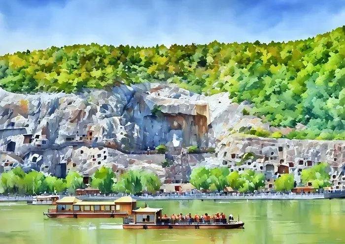 Спокойный ландшафт реки Лунмэнь с лодками