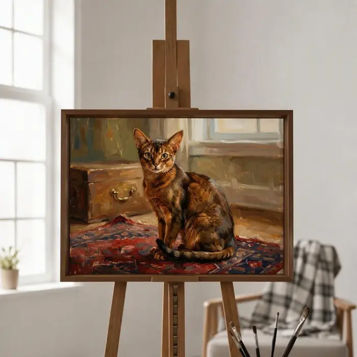 壁に掛けられた、アビシニアンの猫の額装絵画。