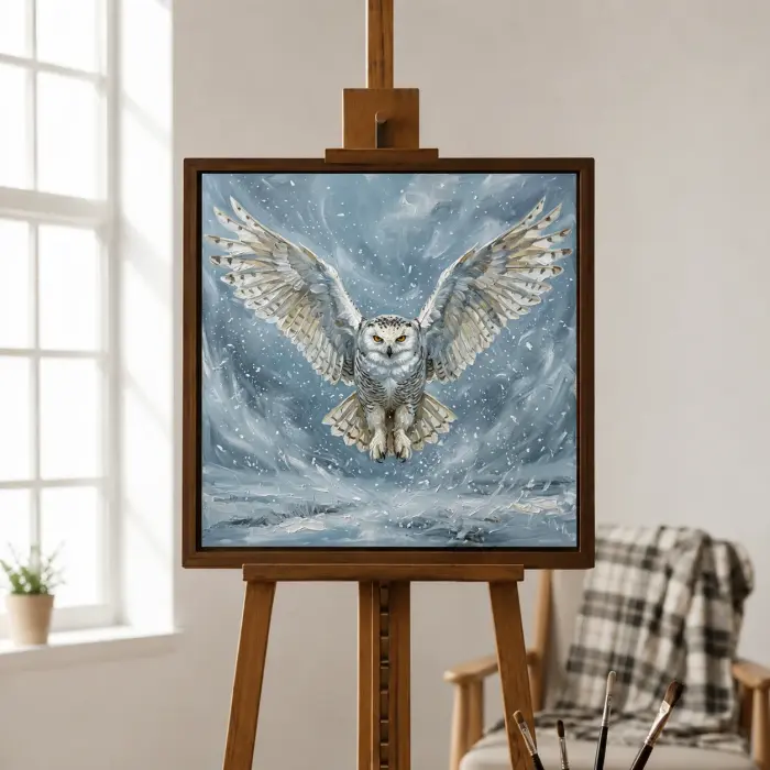 吹雪の中を飛ぶシロフクロウの絵画が壁に掛かっている