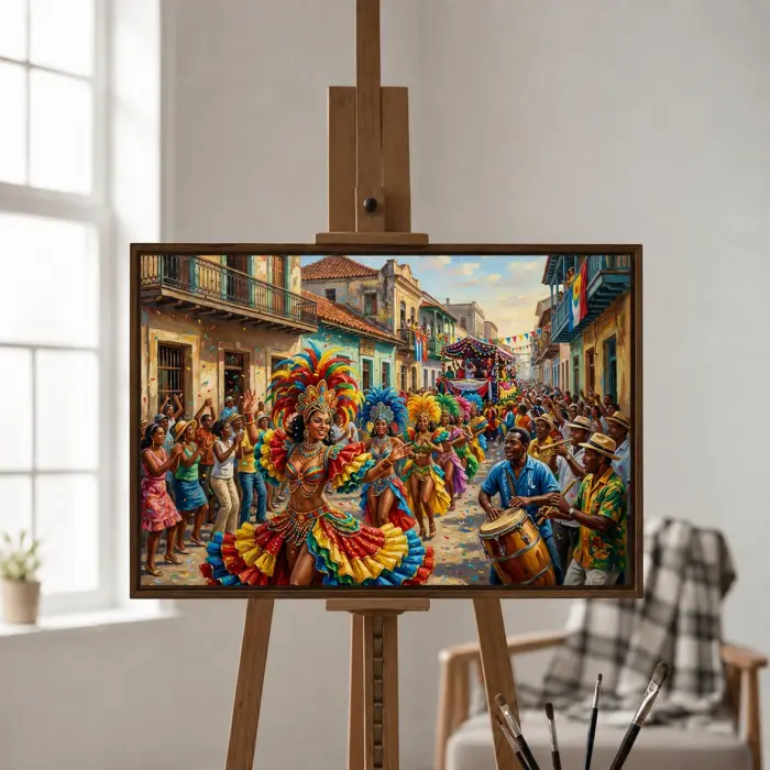 Innrammet oljemaleri av Santiago de Cuba karnevalsdansere hengende på en stuevegg