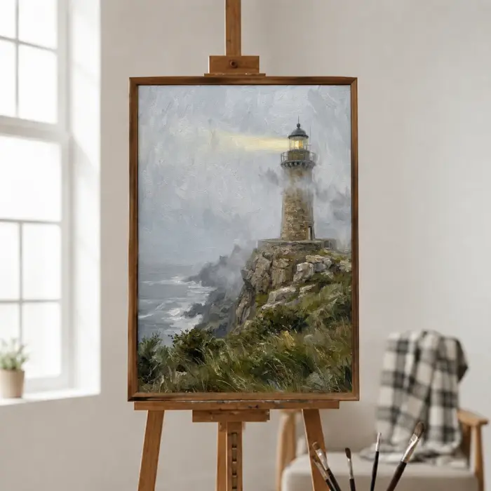 廊下に飾られた、霧の崖の灯台の絵画（フレーム付き）