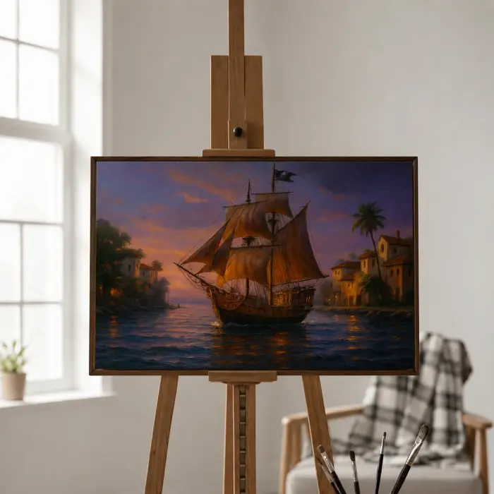 黄昏時に海賊スループ船が航海している絵画が書斎の壁に掛かっている様子