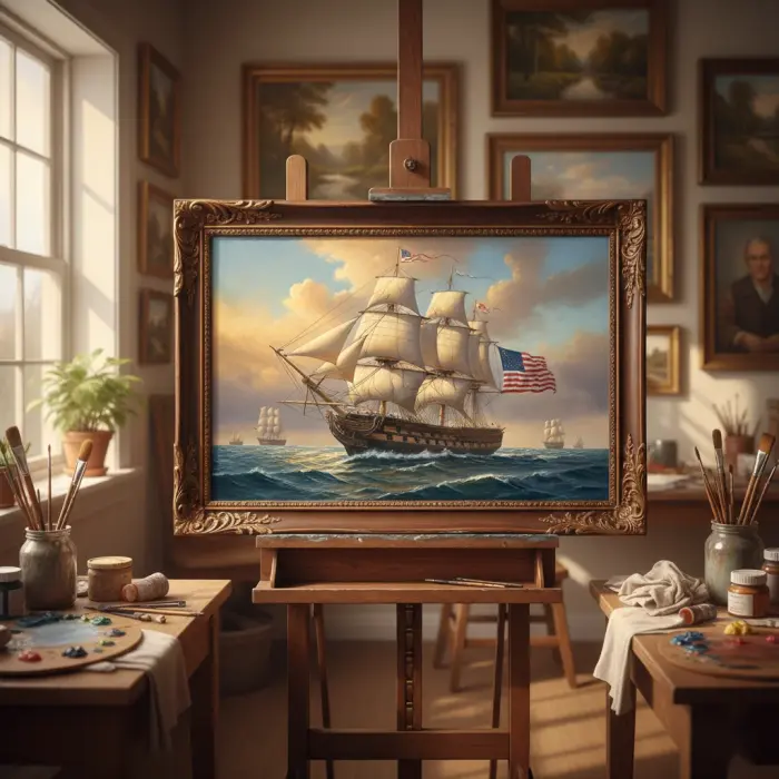 アートスタジオのイーゼルに立てかけられた、USSコンスティテューションの額装油絵