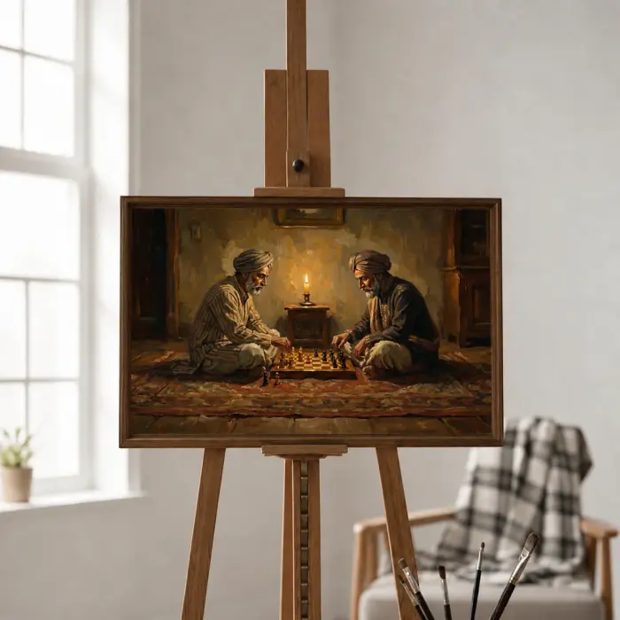 서재 벽에 걸린 체스 두는 사람 그림 액자