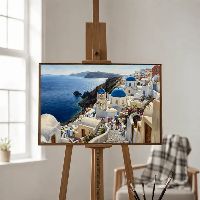 壁に掛けられた、サントリーニ島の青いドームの教会と白壁の村の絵の額装