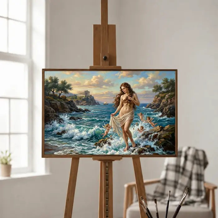 소파 위 벽에 걸린 바다에서 솟아오르는 아프로디테 액자 그림