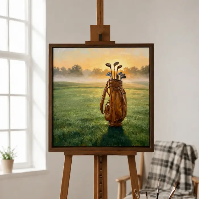 홈 오피스에 걸린 일출 속 골프백 그림 액자