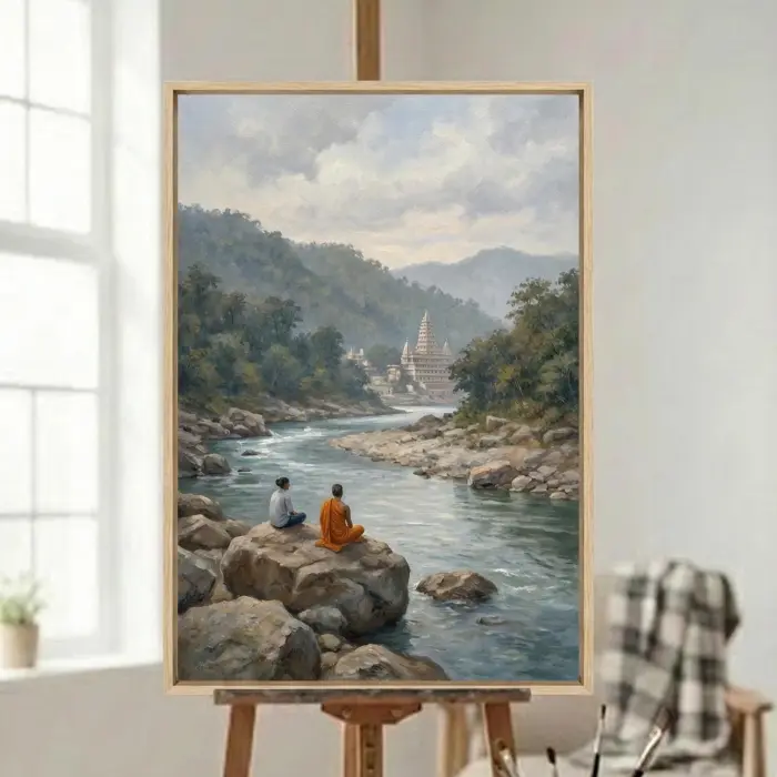 Framed oil painting of two figures meditating by a river with a temple, hung on a wall