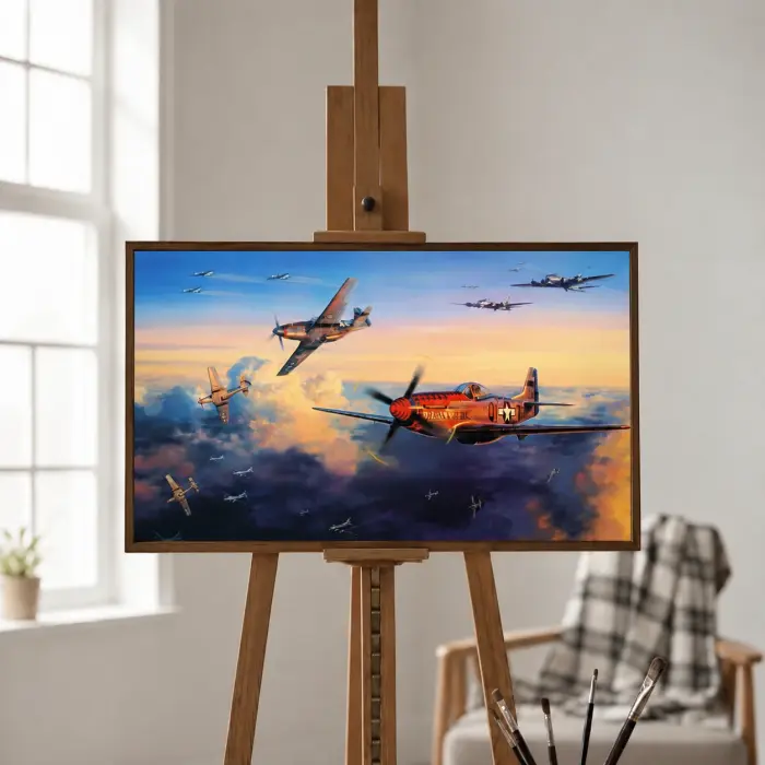 لوحة زيتية مؤطرة لمقاتلات P-51 موستانج عند الغروب معروضة على حامل في غرفة معيشة