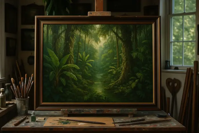 Pintura emoldurada de um riacho na floresta tropical, pendurada em uma sala de estar.