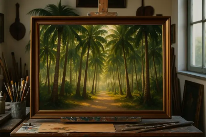 ヤシの木の森の小道の絵画が壁に掛かっている額装イメージ