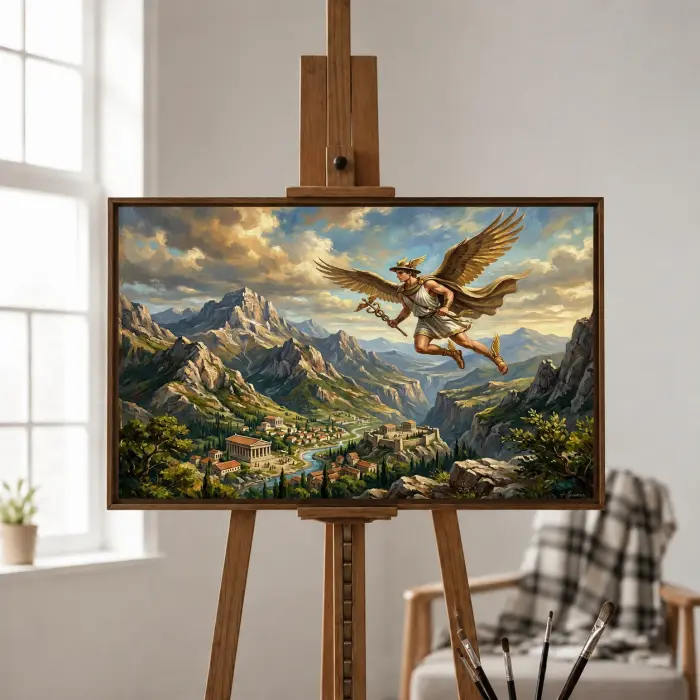 壁に飾られた山の上を飛ぶヘルメスの絵