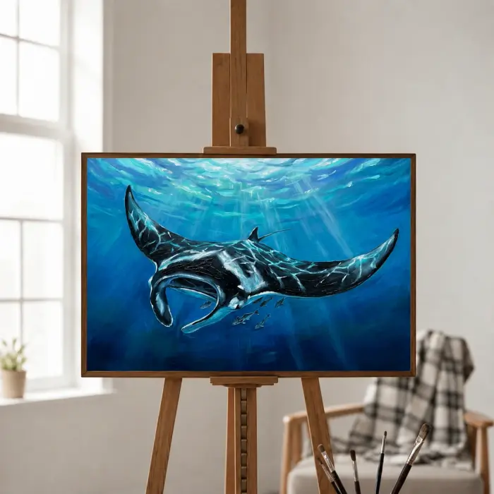 욕실 벽에 걸린 만타 가오리 그림 액자