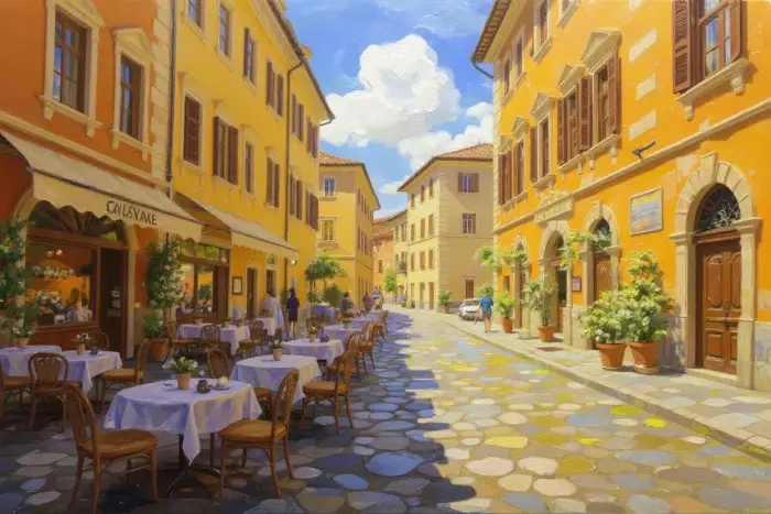로마의 포 paved 도로와 매력적인 카페