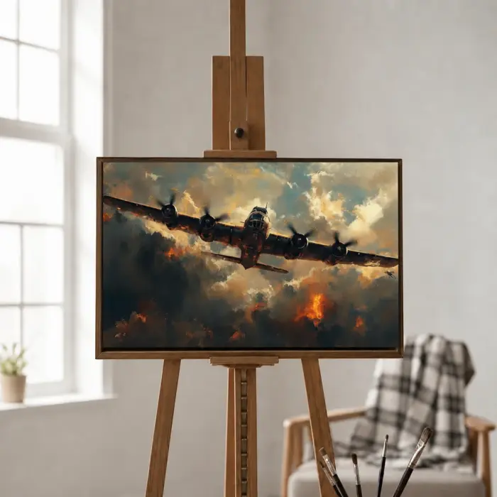 炎上するB-17フライングフォートレスの絵画が壁に掛けられている様子