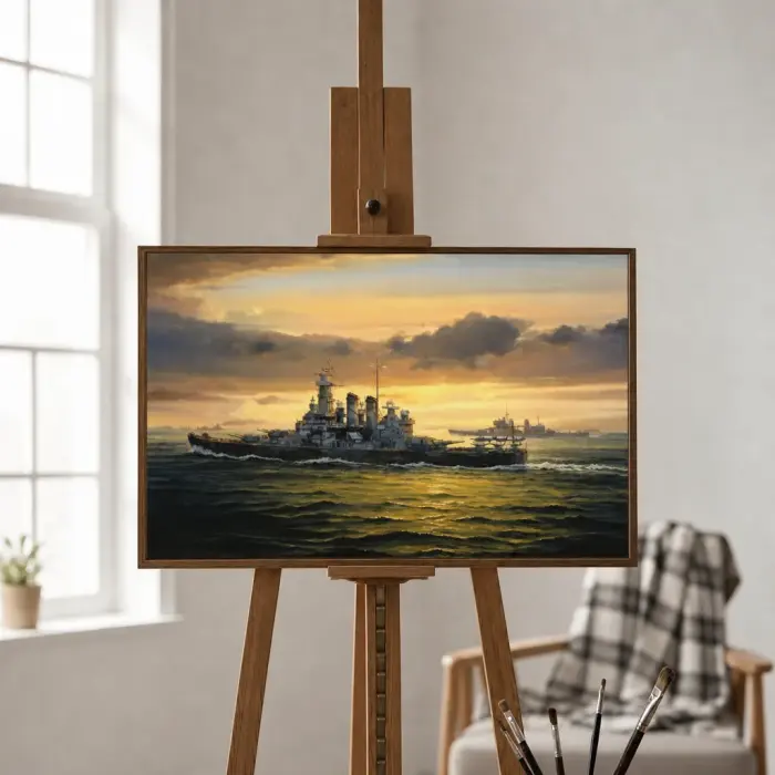 벽에 액자로 걸린 일몰의 군함 그림