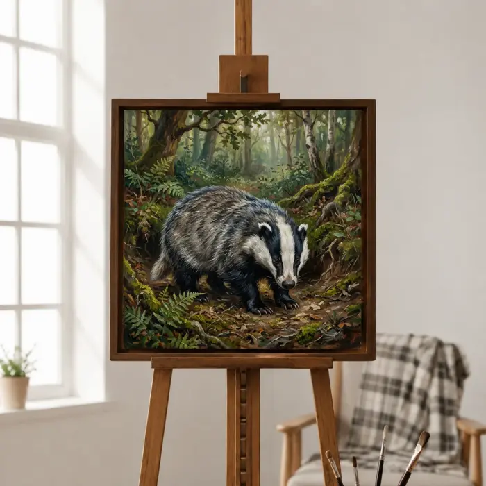 Framed painting of a badger in a forest hanging on a wall