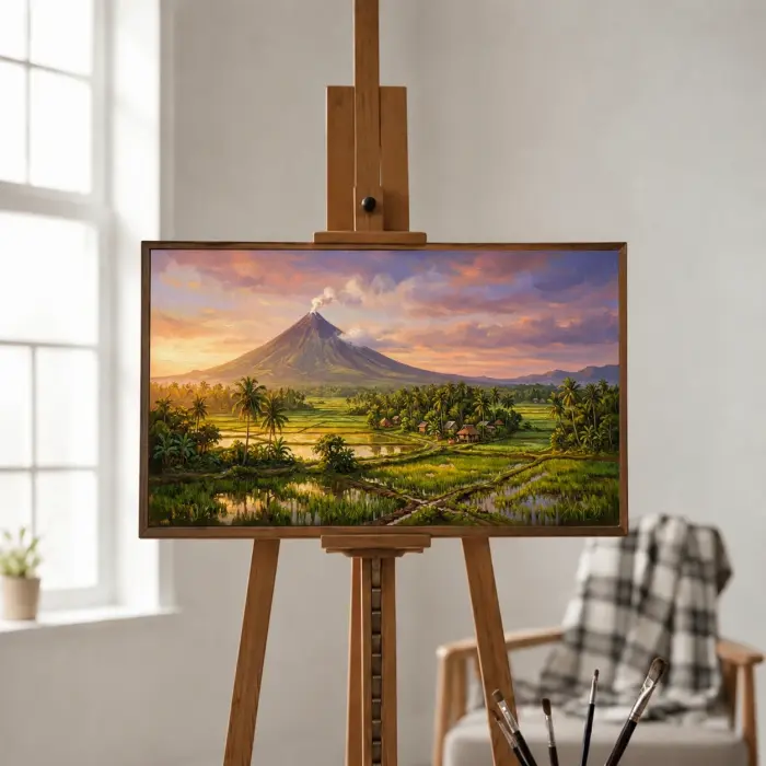 マヨン山の風景画が壁に飾られた様子