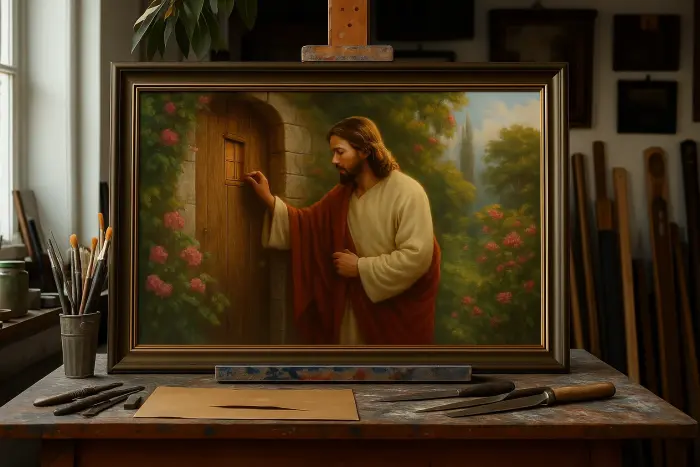 イエスが戸を叩く場面の額装絵画が静かな部屋に掛けられている様子