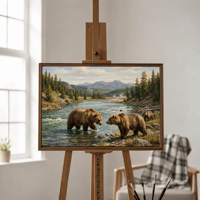 壁に掛けられた、川の中のハイイログマの額装絵画