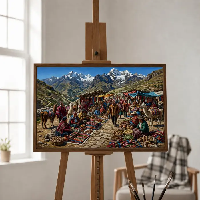 壁に掛けられた額装のアンデスの山の市場の絵