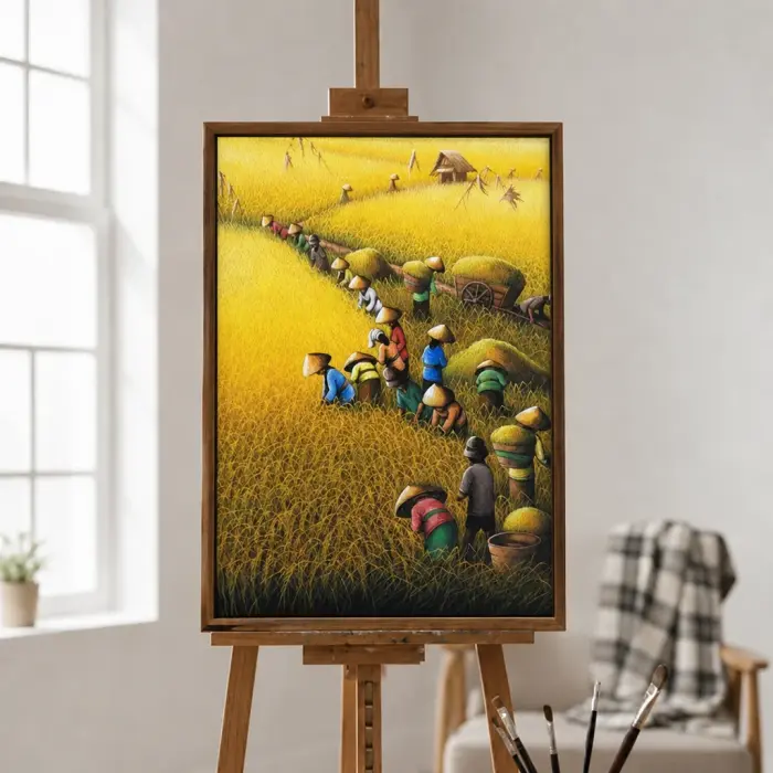 Framed oil painting of farmers harvesting a golden rice field hanging on a wall