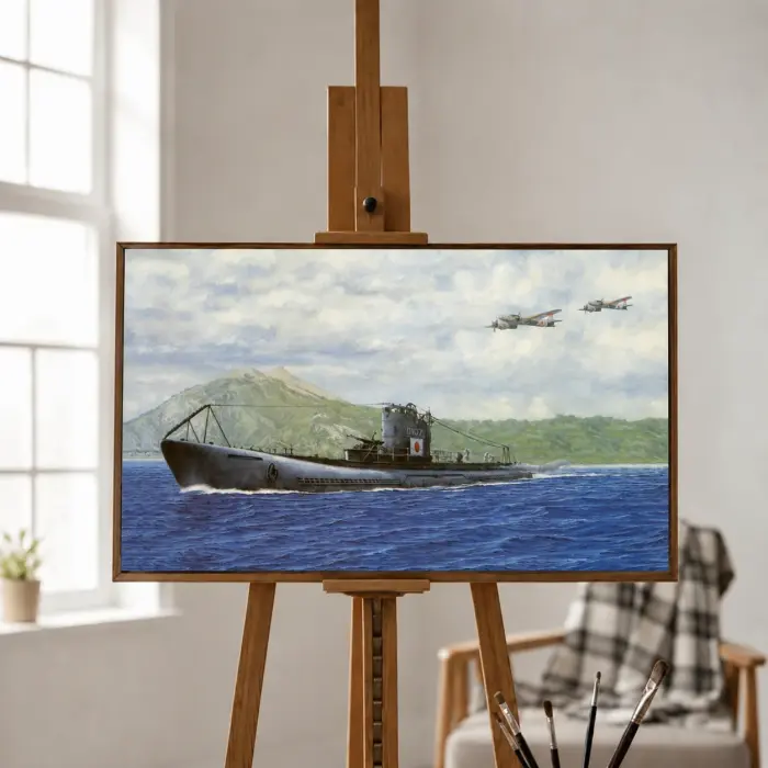 Обрамленная картина с подводной лодкой времен Второй мировой войны висит на стене в кабинете