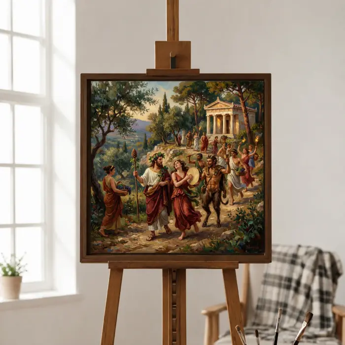 서재에 걸린 디오니소스 축제 행진 액자 그림