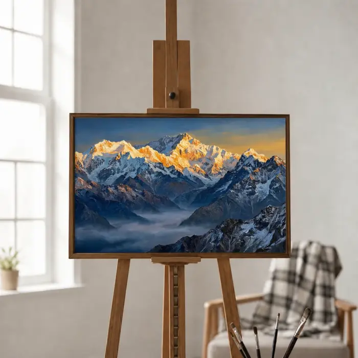 壁に掛けられた雪を頂くヒマラヤ山脈の額装油絵