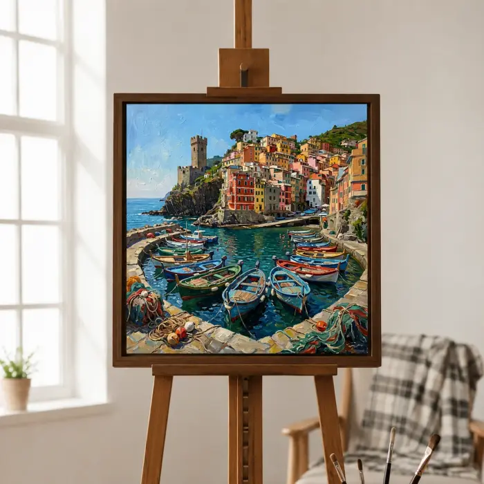ヴェルナッツァ港の油絵がダイニングテーブルの上に掛かっている様子