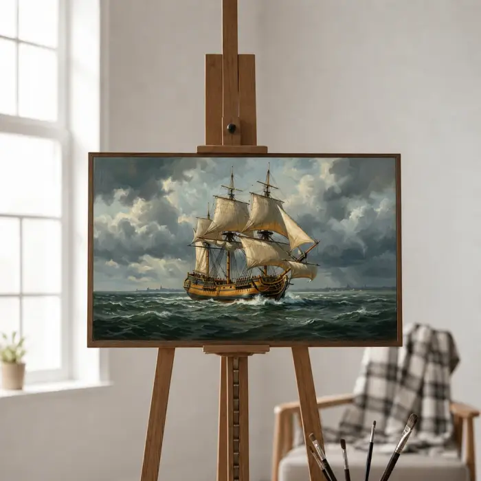 Framed painting of a Dutch Golden Age sailing ship hanging on a wall