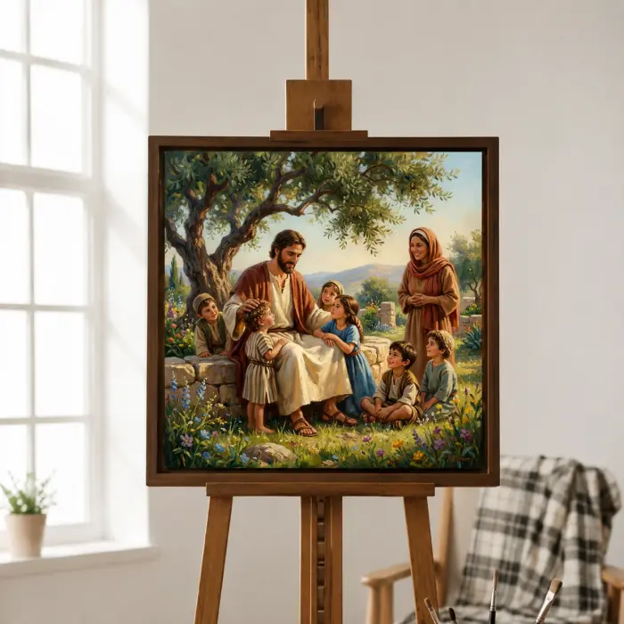 벽에 걸린 어린이들을 환영하는 예수 그림 (액자)