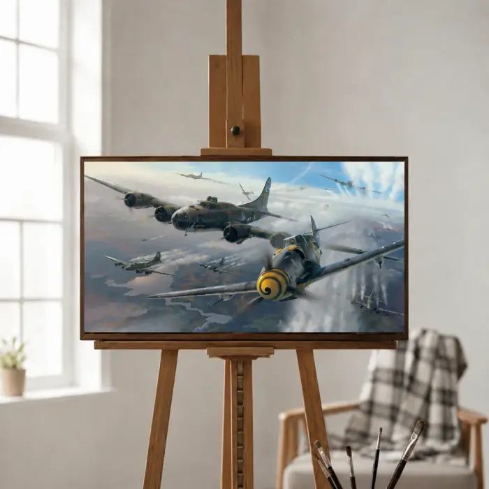 لوحة مؤطرة لقاذفات B-17 تحت الهجوم معروضة على جدار في غرفة بها حوامل
