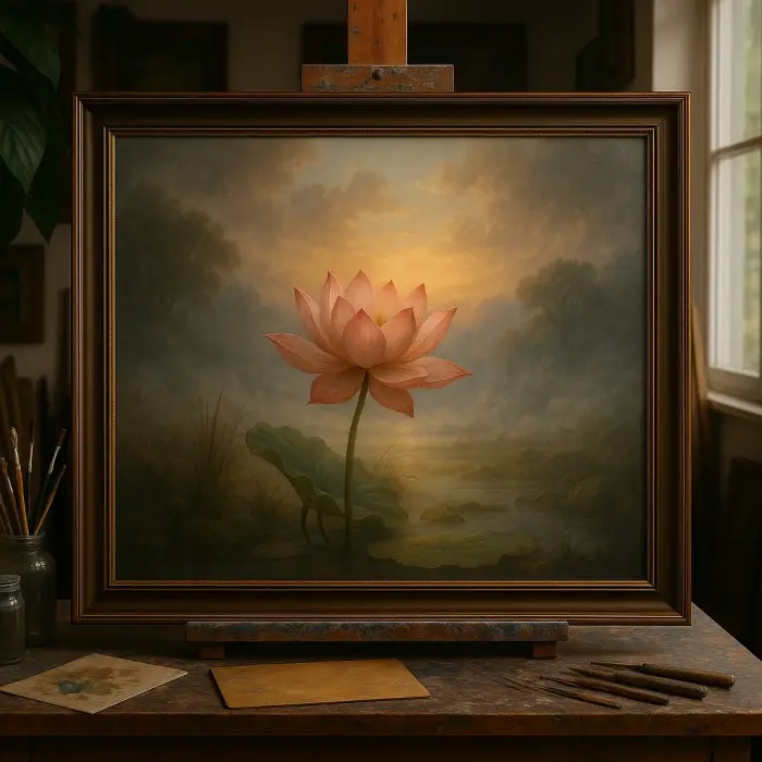 لوحة مؤطرة لزهرة لوتس متفتحة معلقة في غرفة تأمل