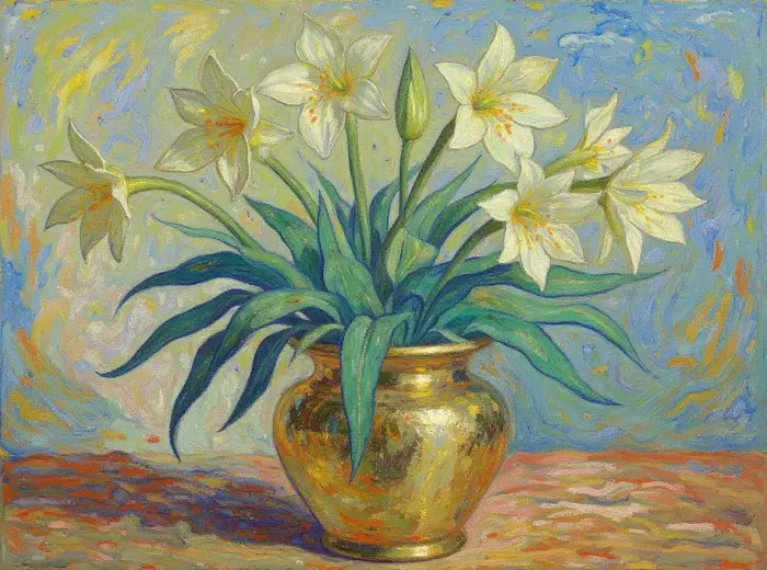 Амариллис Цветет в Золотом Горшке - Масляная Картина, Вдохновленная Ван Гогом