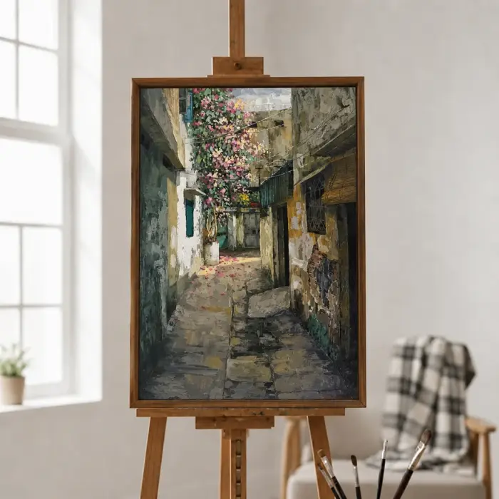 狭いサイゴンの路地を描いた絵が額装され、廊下に掛けられている