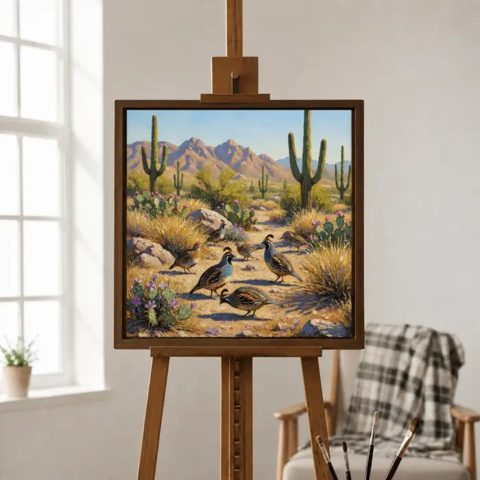 Framed painting of Gambel's quail in the desert hung on a wall