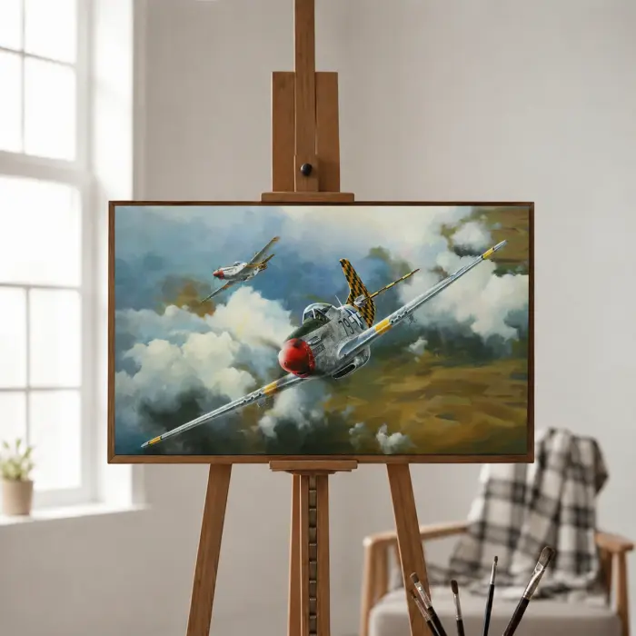벽에 걸린 P-51 무스탕 전투기 그림 액자