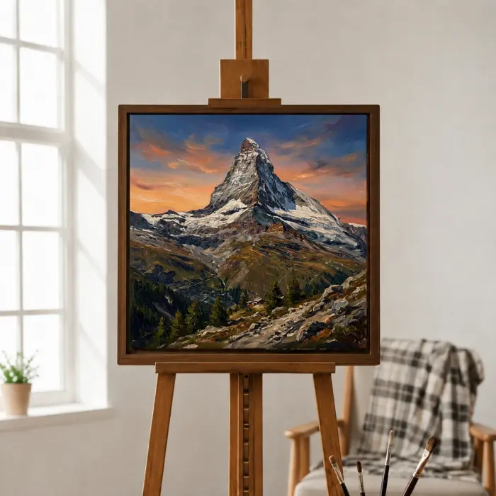 マッターホルンの絵を額装し、暖炉の上に飾ったイメージ