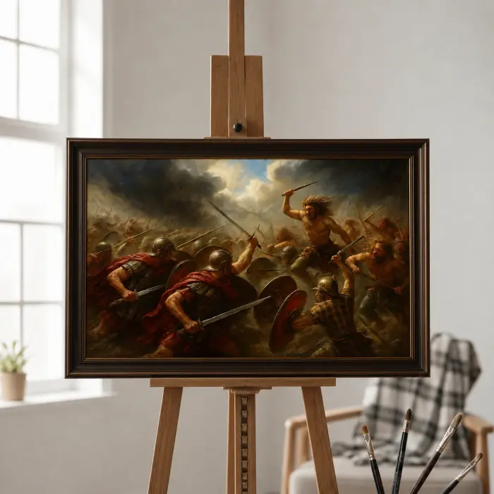 アレシアの戦いでの白兵戦を描いた油絵の額装が壁に掛かっている様子