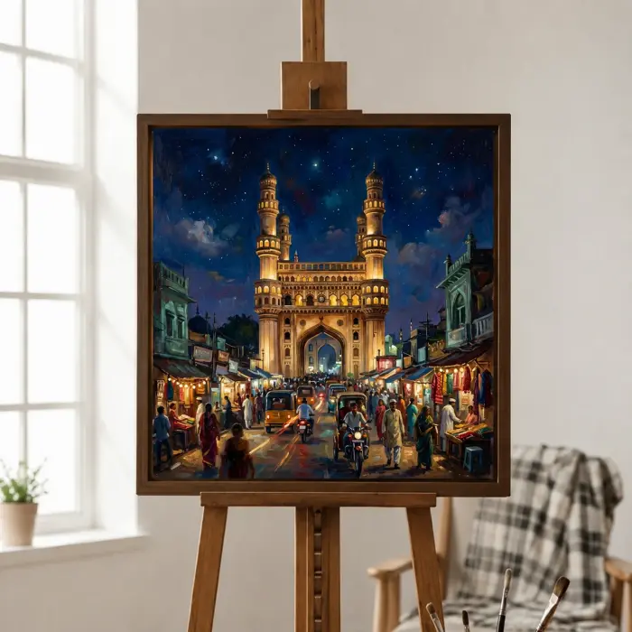 壁に掛けられた額装のチャールミナールの夜景の絵