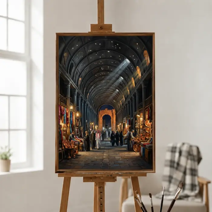 ダマスカスのスーク・アル・ハミディーエの夜の市場を描いた油絵がリビングルームの壁に飾られている様子