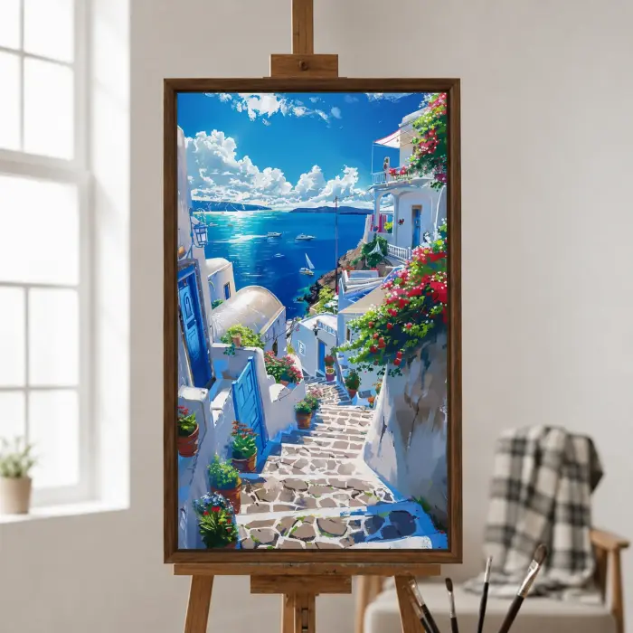 海へと続くサントリーニ島の階段を描いた額装された油絵が壁に掛かっている