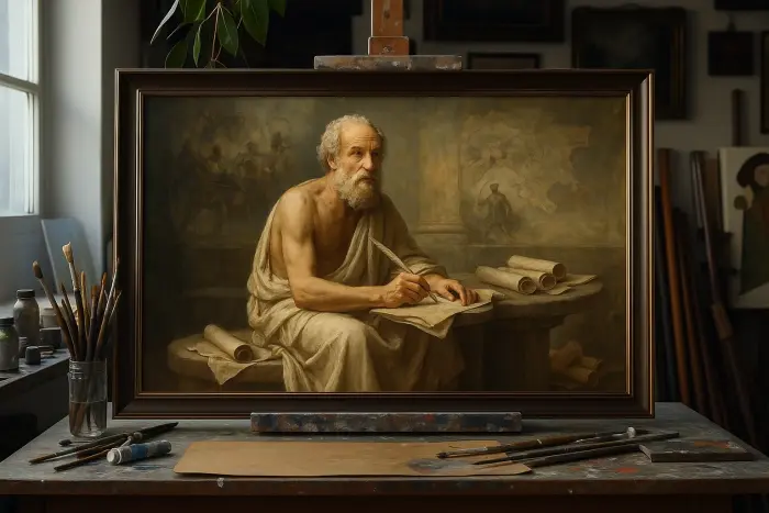 가정 도서관에 걸린 책상에서 글을 쓰는 헤로도토스 그림 액자