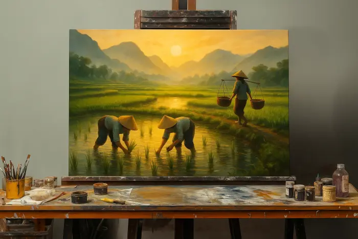 夜明けに田植えをするベトナムの農民を描いた額装絵画を壁に飾ったところ