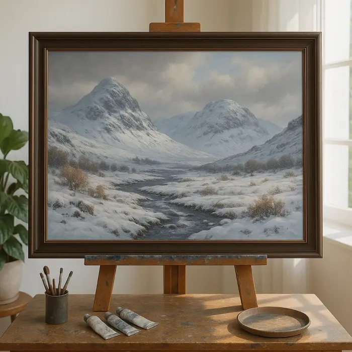 Framed oil painting of snow-covered Highland mountains hanging on a wall